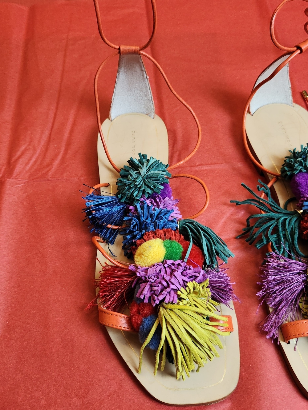 Zara Multicolor Pompom Tassel Lace-Up Women’s Sandals - Picture 4 of 9